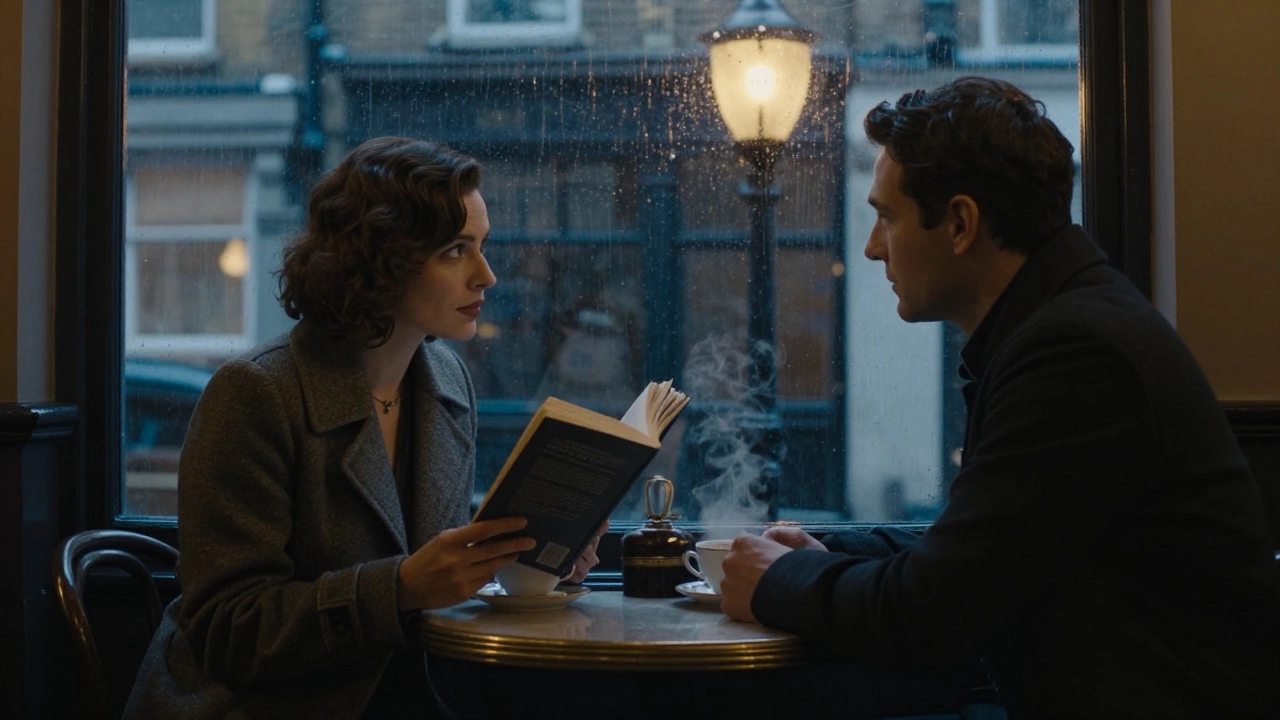 A woman and man sit silently across from each other in a London café, reading Sade, rain blurring the window behind them.