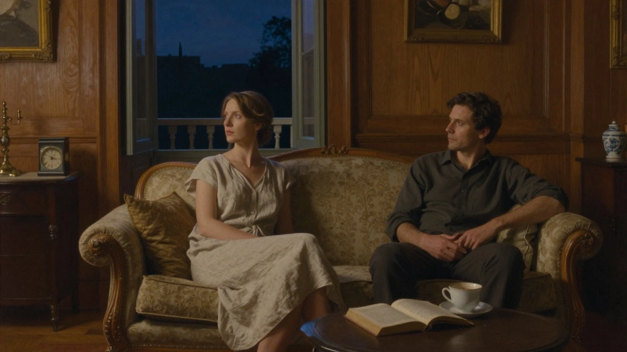 A woman and man sitting in silence in a cozy Avignon apartment, gazing out a window at night.