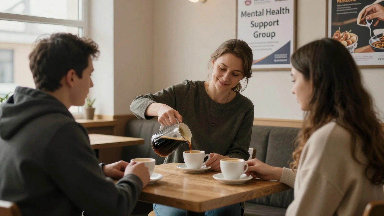 A woman in a Kazan café serving coffee to two people, a quiet support group setting.