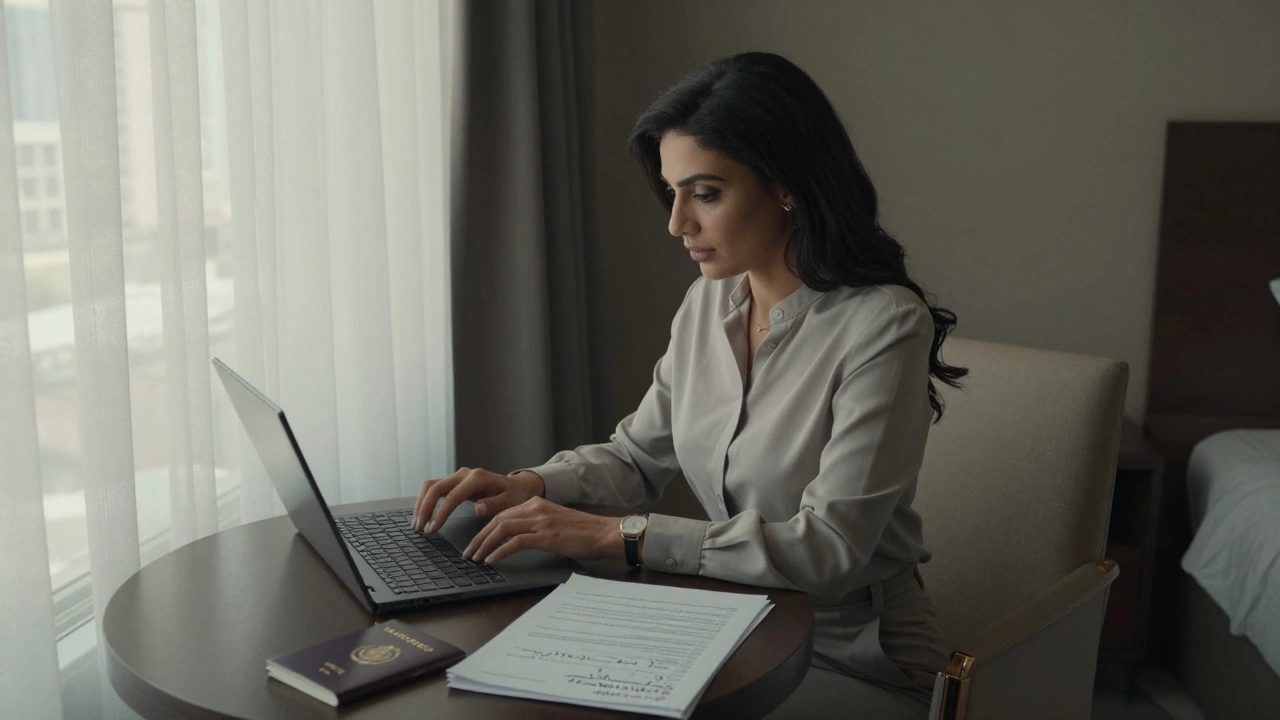 A woman in Dubai working at a desk with contracts and language notes, morning light streaming in.