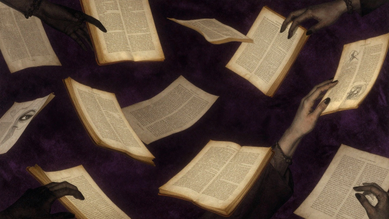 Floating pages of forbidden books drift in a velvet void, with faint silhouettes of hands and eyes emerging from the text.