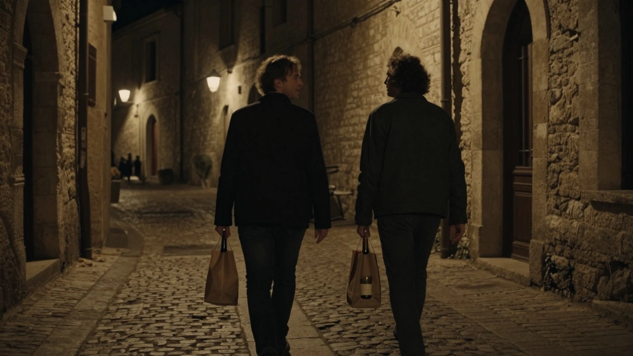 Two figures walking quietly through a lantern-lit alley in Avignon&#039;s old town at night.